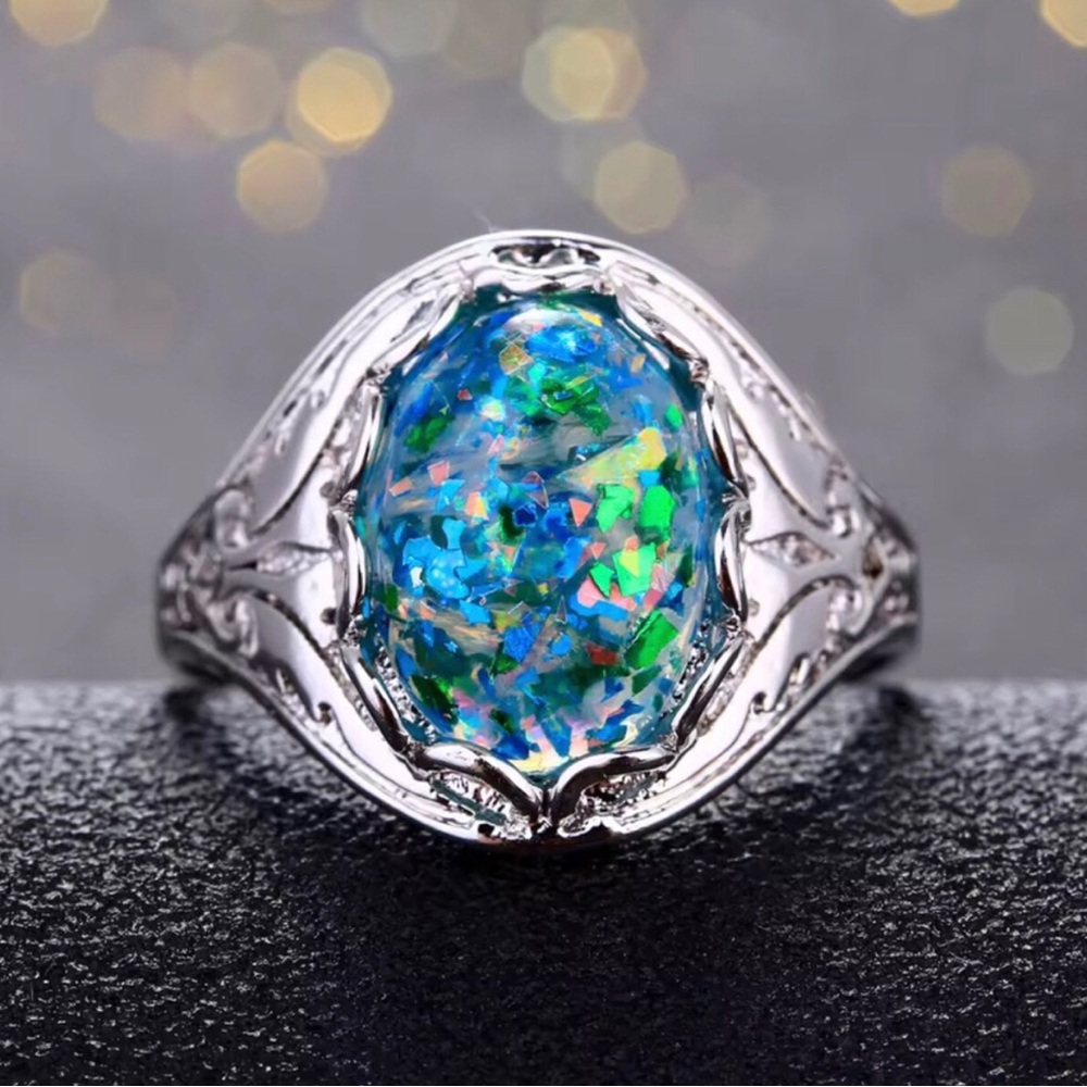 Sterling Silver Blue Opal Vintage Style Filigree Ring